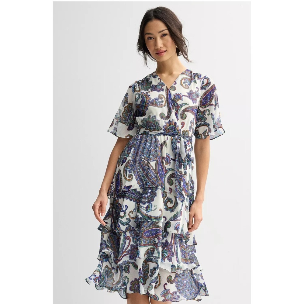 Sandra Darren Surplice Flutter Tiered Midi Dress Paisley Large NEW